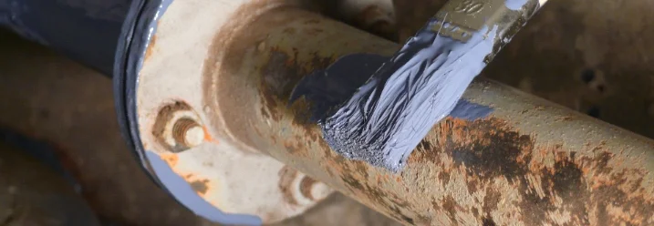 Pinsel trägt blaue Farbe auf Rohr auf